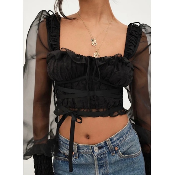 NEW LOVE & LEMONS Organza Puff Long Sleeve Ruffle Sweetheart Neck Crop Top XS - Picture 16 of 16